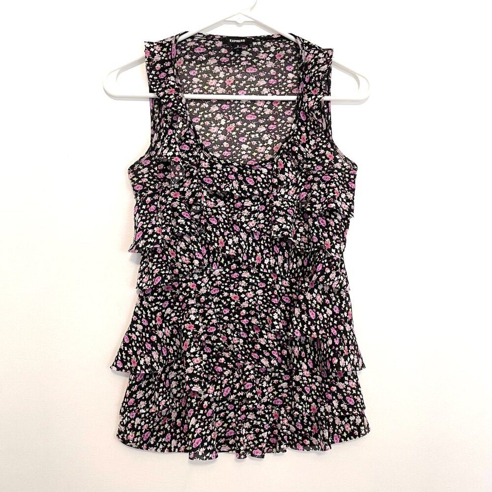 EXPRESS Black Purple Floral Mesh Tiered Ruffle Sleeveless Y2K Tank Blouse Top S